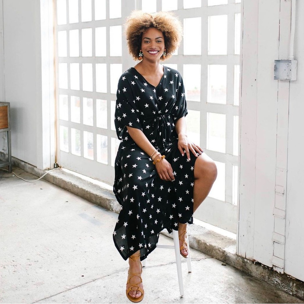 🆕🌟 Agnes & Dora Black White Oh My Stars Star Print Long Woven Kaftan Dress L